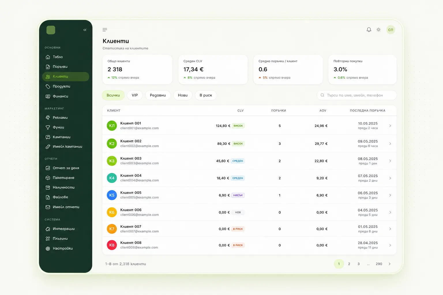 Customers screen